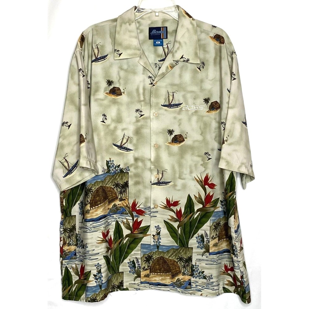 Vintage BOSS By IG Design Bird Of Paradise Boat Island Hawaiian Shirt XL Korea